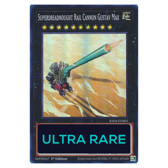 Superdreadnought Rail Cannon Gustav Max RA04-EN063-UR card from the Yu-Gi-Oh! set Quarter Century Stampede