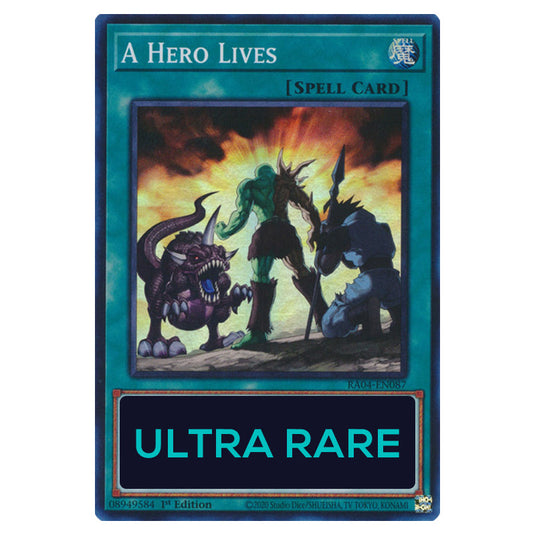 A Hero Lives RA04-EN087-UR card from the Yu-Gi-Oh! set Quarter Century Stampede