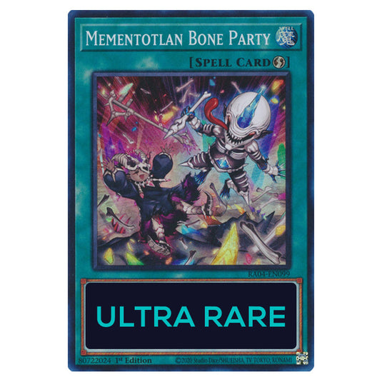 Mementotlan Bone Party RA04-EN099-UR card from the Yu-Gi-Oh! set Quarter Century Stampede