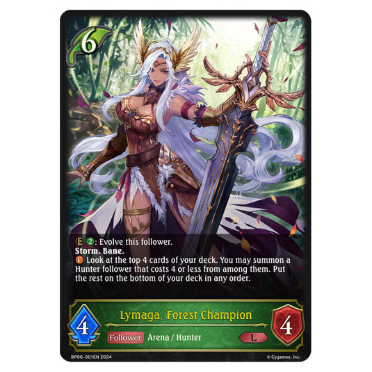 Lymaga, Forest Champion BP06-001EN card from the Shadowverse: Evolve set Paragons of the Colosseum