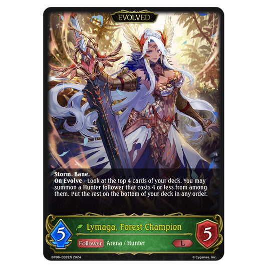 Lymaga, Forest Champion BP06-002EN card from the Shadowverse: Evolve set Paragons of the Colosseum