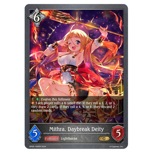 Mithra, Daybreak Deity BP06-106EN card from the Shadowverse: Evolve set Paragons of the Colosseum