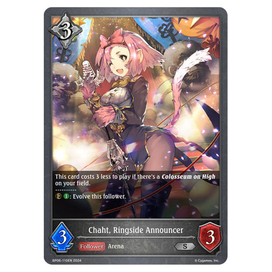 Chaht, Ringside Announcer BP06-110EN card from the Shadowverse: Evolve set Paragons of the Colosseum