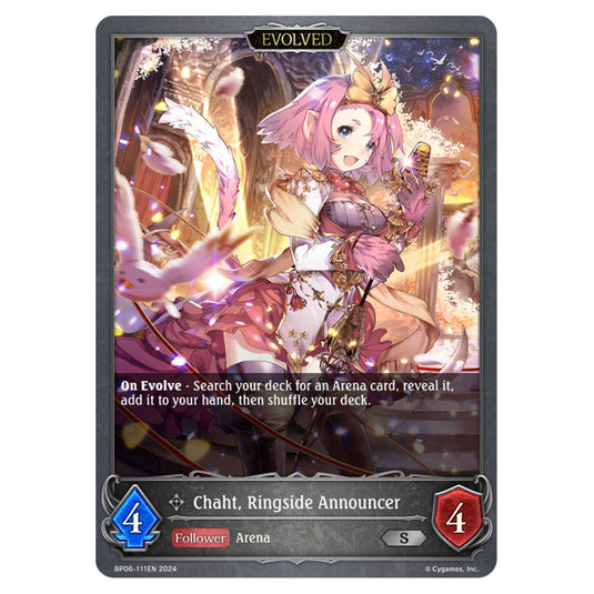 Chaht, Ringside Announcer BP06-111EN card from the Shadowverse: Evolve set Paragons of the Colosseum