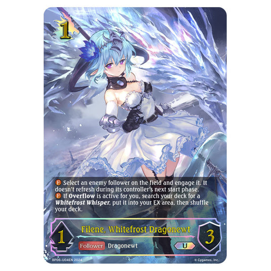 Filene, Whitefrost Dragonewt BP06-U04EN card from the Shadowverse: Evolve set Paragons of the Colosseum