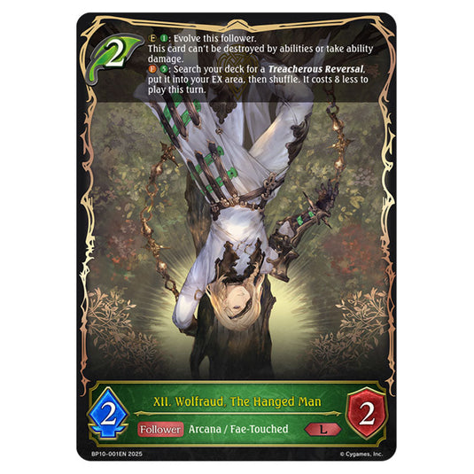 XII. Wolfraud, The Hanged Man BP10-001EN card from the Shadowverse: Evolve set Gods of the Arcana