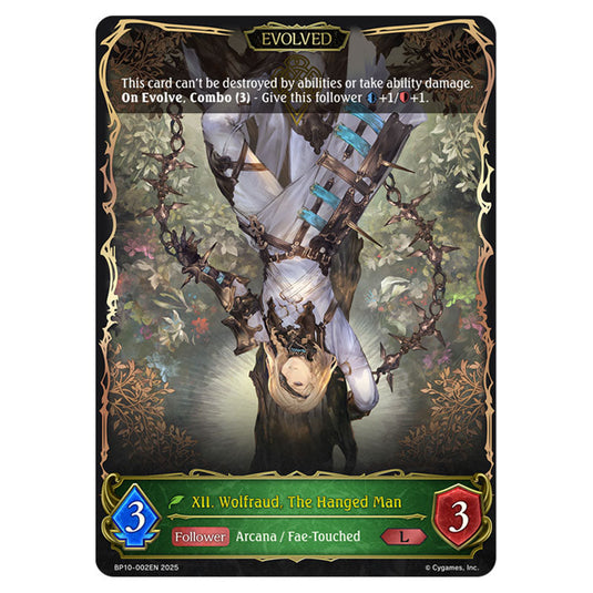 XII. Wolfraud, The Hanged Man BP10-002EN card from the Shadowverse: Evolve set Gods of the Arcana