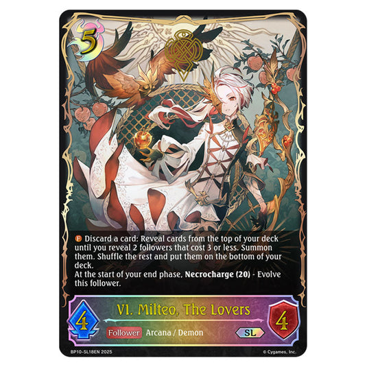 VI. Milteo, The Lovers BP10-SL18EN card from the Shadowverse: Evolve set Gods of the Arcana