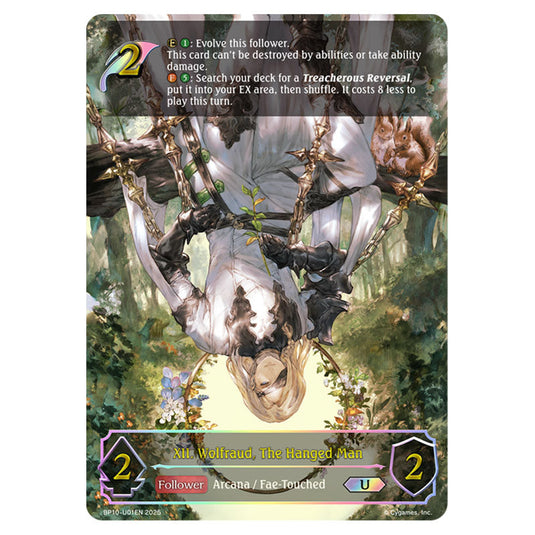 XII. Wolfraud, The Hanged Man BP10-U01EN card from the Shadowverse: Evolve set Gods of the Arcana
