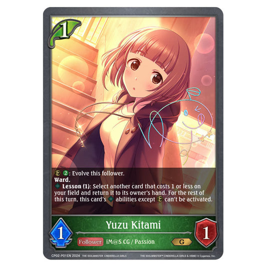 Yuzu Kitami CP02-P01EN card from the Shadowverse: Evolve set THE IDOLM@STER CINDERELLA GIRLS