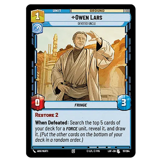 Owen Lars Devoted Uncle  card from the Star Wars Unlimited set Legends of the Force