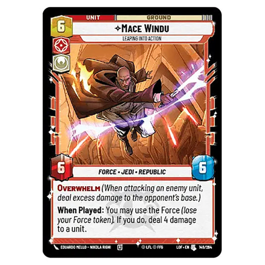 Mace Windu Leaping into Action  card from the Star Wars Unlimited set Legends of the Force