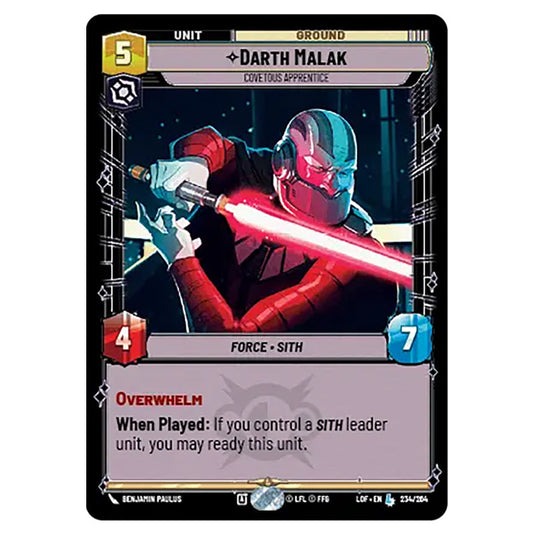 Darth Malak Covetous Apprentice  card from the Star Wars Unlimited set Legends of the Force