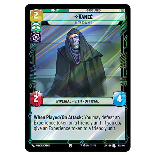 VaneéI Live to Serve  card from the Star Wars Unlimited set Legends of the Force