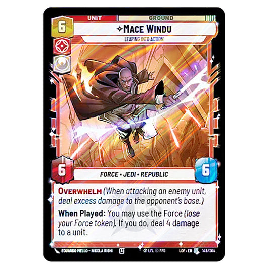 Mace Windu Leaping into Action  card from the Star Wars Unlimited set Legends of the Force