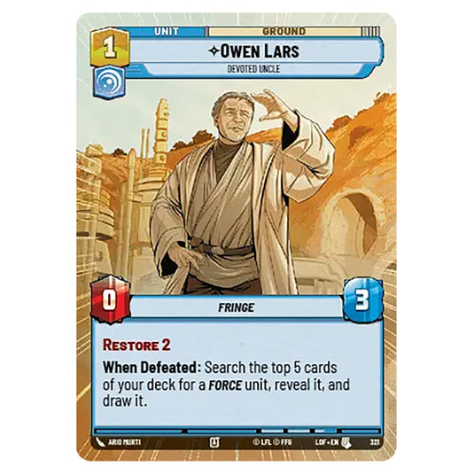 Owen Lars Devoted Uncle  card from the Star Wars Unlimited set Legends of the Force
