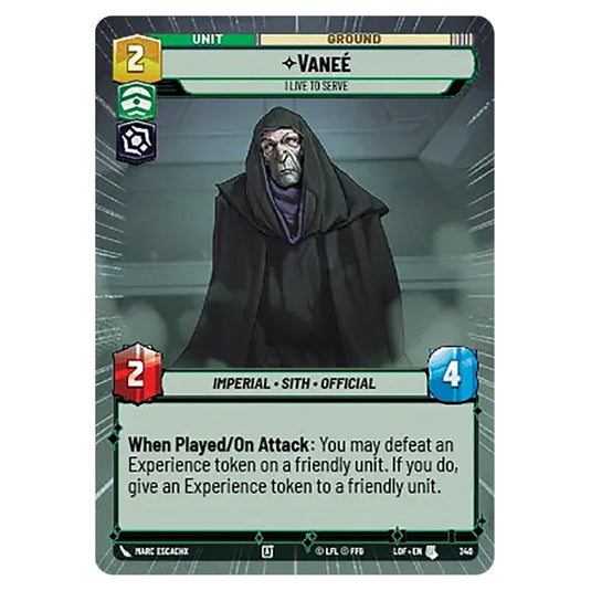 VaneéI Live to Serve  card from the Star Wars Unlimited set Legends of the Force