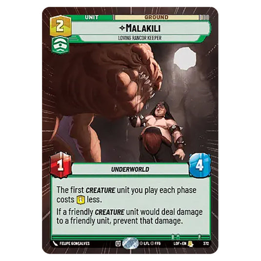 Malakili Loving Rancor Keeper  card from the Star Wars Unlimited set Legends of the Force