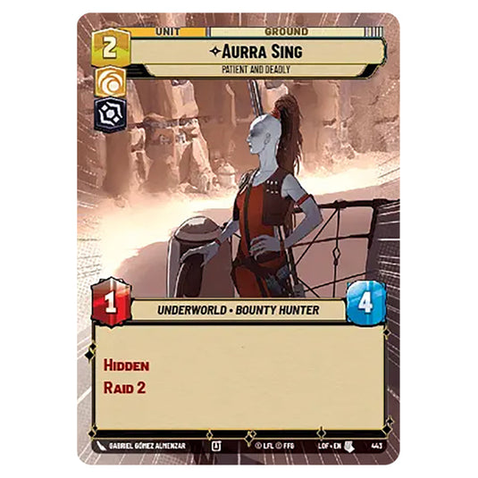 Aurra Sing Patient and Deadly  card from the Star Wars Unlimited set Legends of the Force