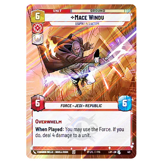 Mace Windu Leaping into Action  card from the Star Wars Unlimited set Legends of the Force