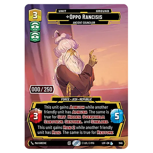 Oppo Rancisis Ancient Councilor  card from the Star Wars Unlimited set Legends of the Force