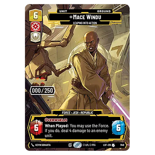 Mace Windu Leaping into Action  card from the Star Wars Unlimited set Legends of the Force