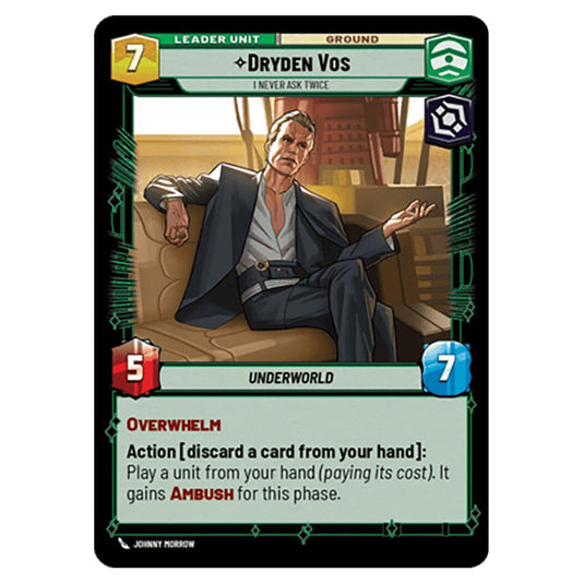 Dryden Vos I Never Ask Twice card from the Star Wars Unlimited Set Secrets of Power