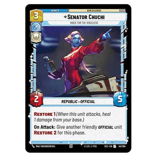 Senator Chuchi Voice for the Voiceless card from the Star Wars Unlimited Set Secrets of Power