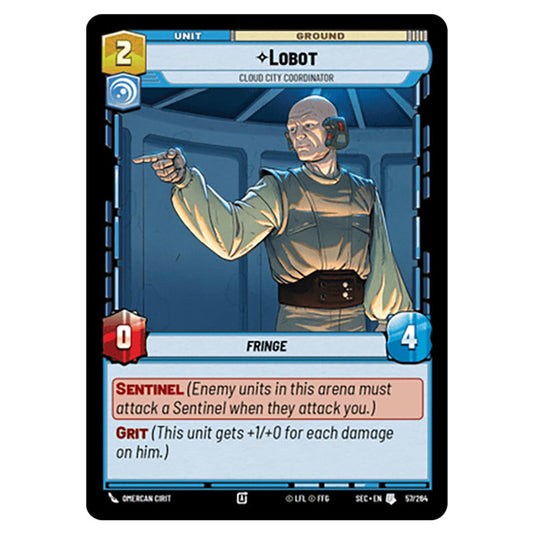 Lobot Cloud City Coordinator card from the Star Wars Unlimited Set Secrets of Power