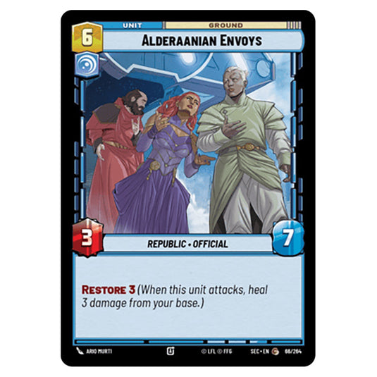 Alderaanian Envoys card from the Star Wars Unlimited Set Secrets of Power