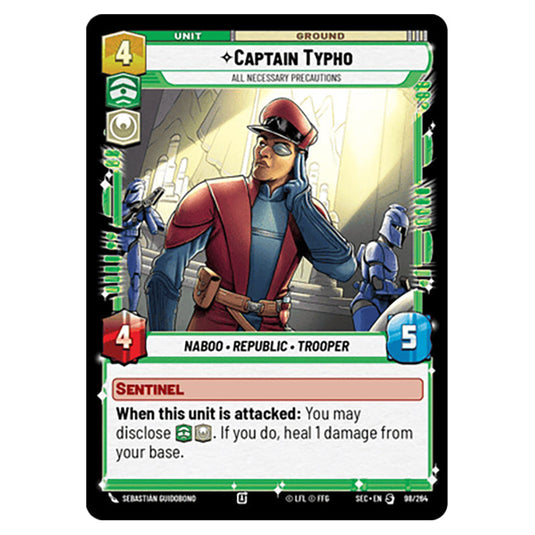 Captain Typho All Necessary Precautions card from the Star Wars Unlimited Set Secrets of Power