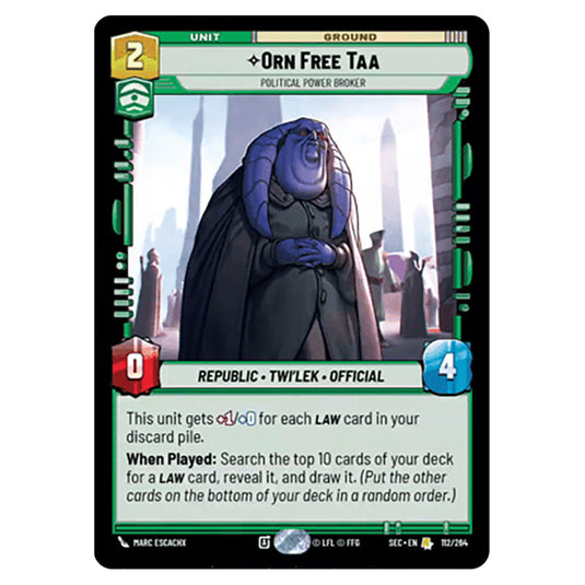Orn Free Taa Political Power Broker card from the Star Wars Unlimited Set Secrets of Power