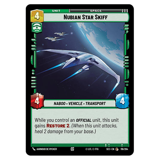 Nubian Star Skiff card from the Star Wars Unlimited Set Secrets of Power