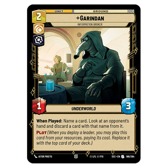 Garindan Information Broker card from the Star Wars Unlimited Set Secrets of Power