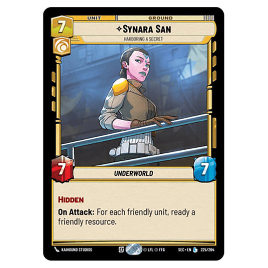 Synara San Harboring a Secret card from the Star Wars Unlimited Set Secrets of Power