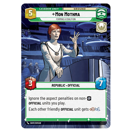 Mon Mothma Forming a Coalition card from the Star Wars Unlimited Set Secrets of Power