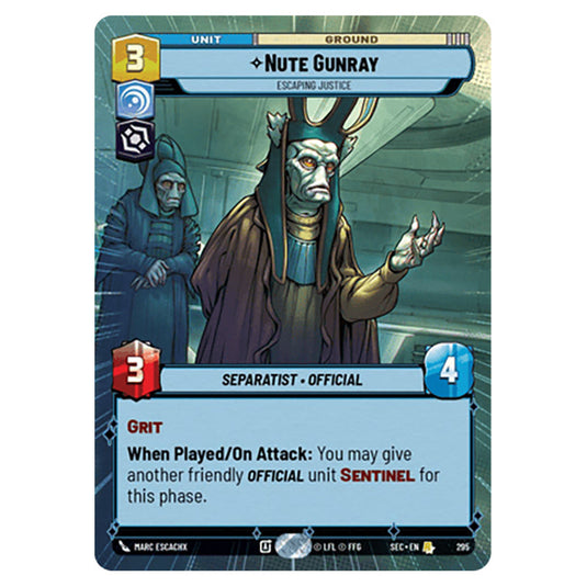 Nute Gunray Escaping Justice card from the Star Wars Unlimited Set Secrets of Power