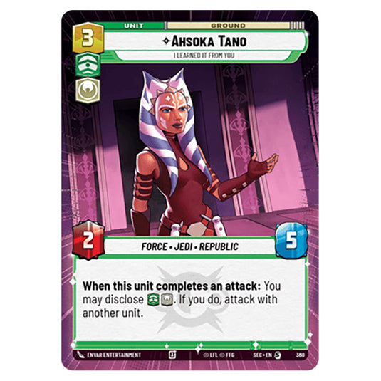 Ahsoka Tano I Learned It from You card from the Star Wars Unlimited Set Secrets of Power