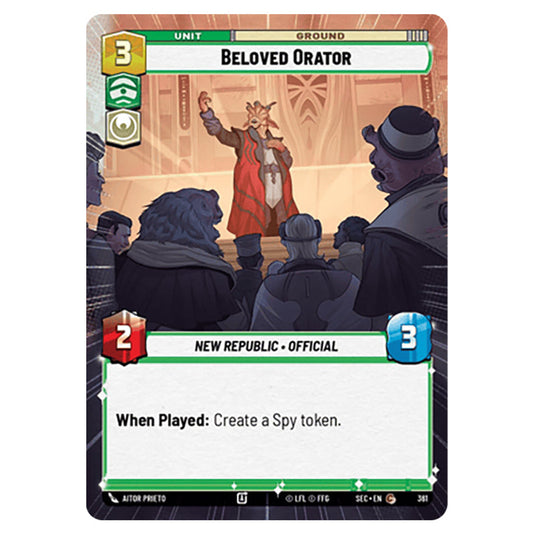 Beloved Orator card from the Star Wars Unlimited Set Secrets of Power