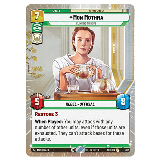 Mon Mothma Clinging to Hope card from the Star Wars Unlimited Set Secrets of Power
