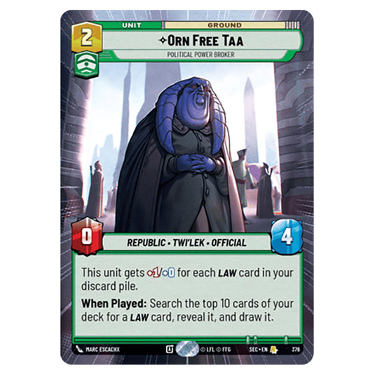Orn Free Taa Political Power Broker card from the Star Wars Unlimited Set Secrets of Power