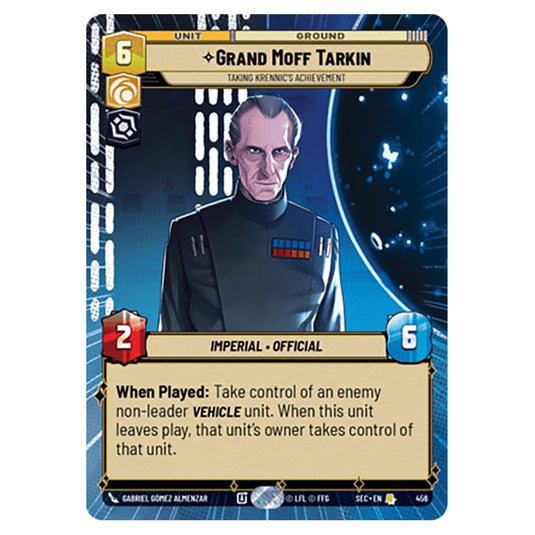 Grand Moff Tarkin Taking Krennic's Achievement card from the Star Wars Unlimited Set Secrets of Power