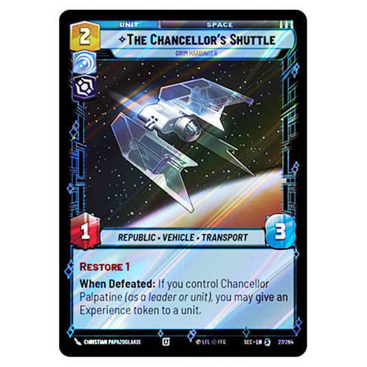 The Chancellor's Shuttle Grim Harbinger card from the Star Wars Unlimited Set Secrets of Power