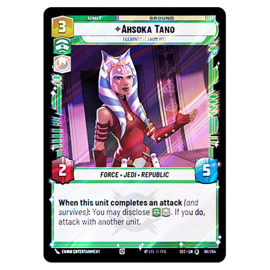 Ahsoka Tano I Learned It from You card from the Star Wars Unlimited Set Secrets of Power
