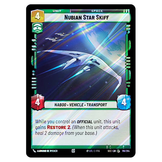 Nubian Star Skiff card from the Star Wars Unlimited Set Secrets of Power