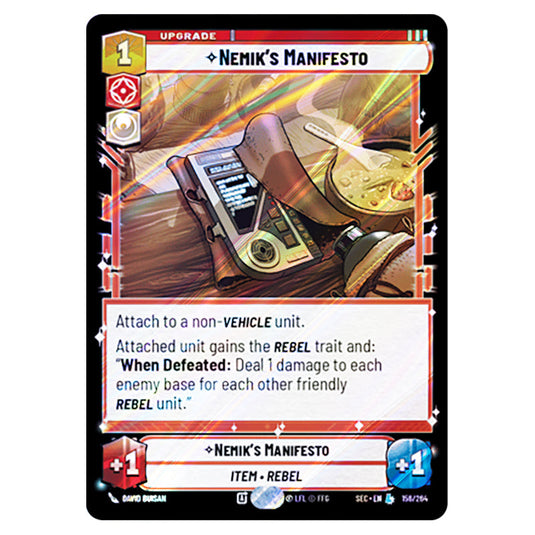 Nemik's Manifesto card from the Star Wars Unlimited Set Secrets of Power