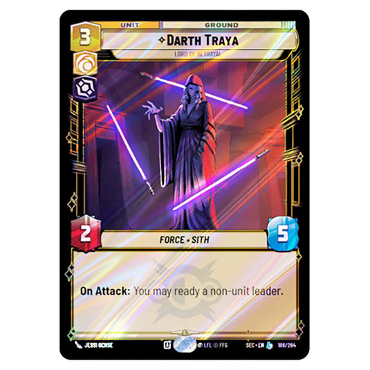 Darth Traya Lord of Betrayal card from the Star Wars Unlimited Set Secrets of Power