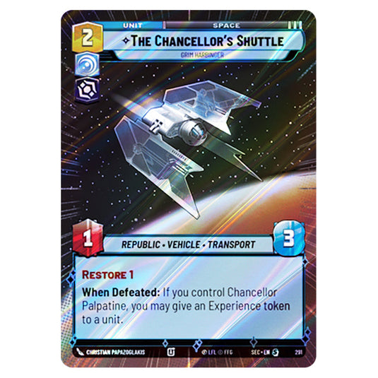 The Chancellor's Shuttle Grim Harbinger card from the Star Wars Unlimited Set Secrets of Power