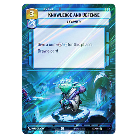Knowledge and Defense card from the Star Wars Unlimited Set Secrets of Power