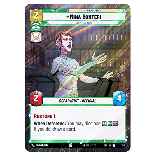 Mina Bonteri Stop This War card from the Star Wars Unlimited Set Secrets of Power